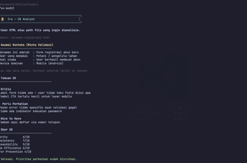 Simulasi terminal tim virtual AI Ira saat menganalisis UX halaman Sazara