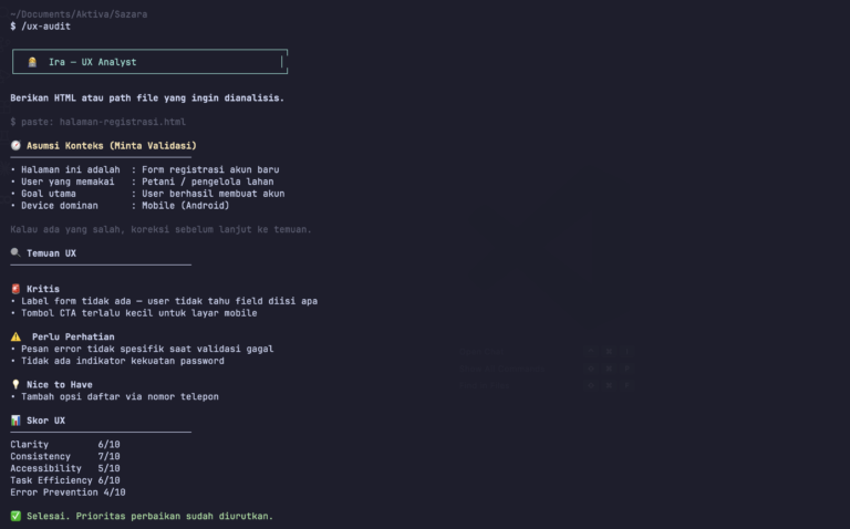 Simulasi terminal tim virtual AI Ira saat menganalisis UX halaman Sazara